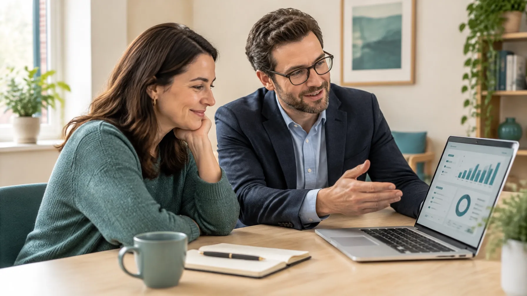 Accountant and client looking at a financial dashboard together