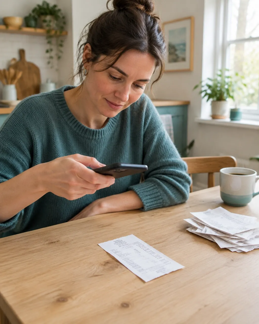 Small business owner photographing paper receipts on her phone at a kitchen table