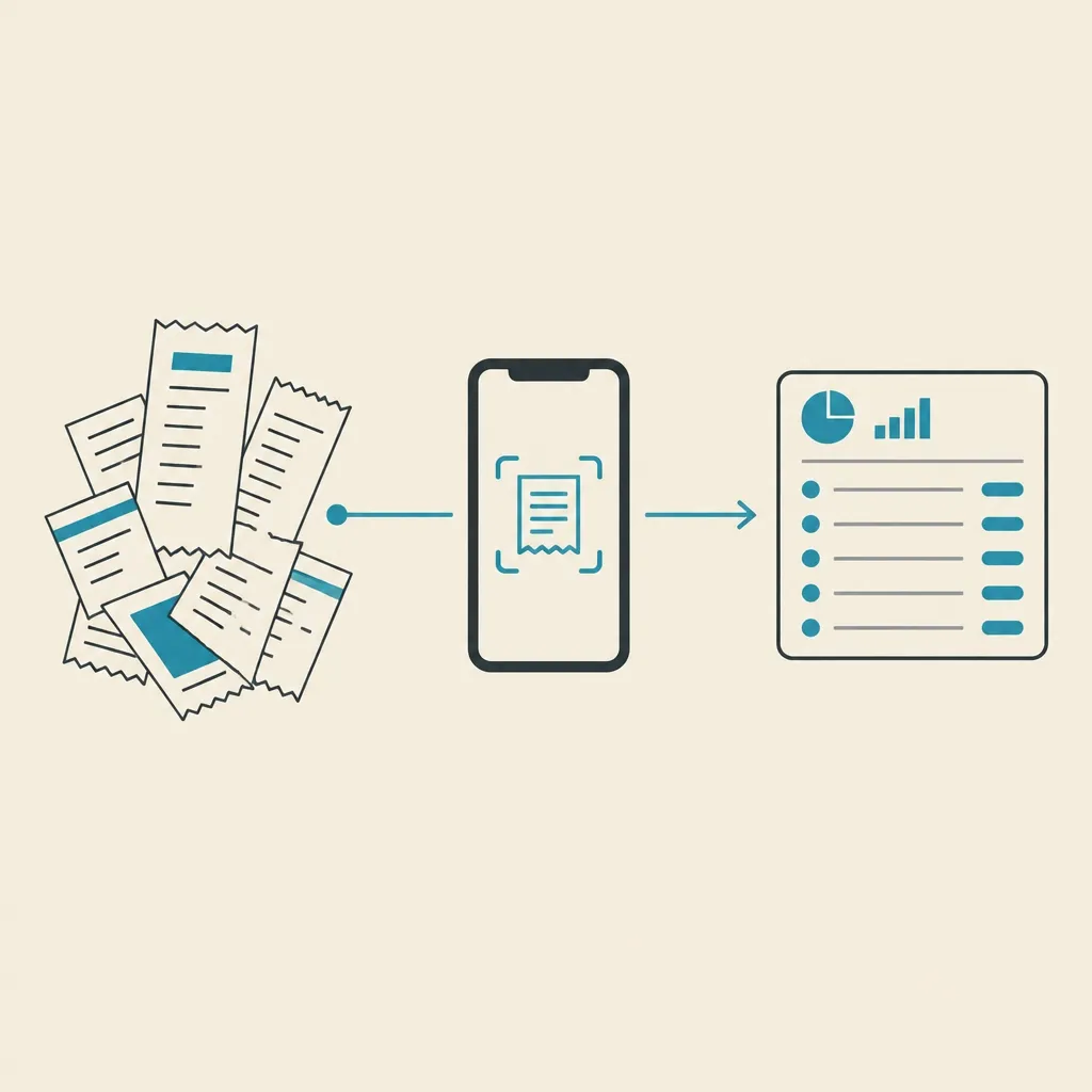 Illustration of receipts flowing into a phone and out as tidy financial data