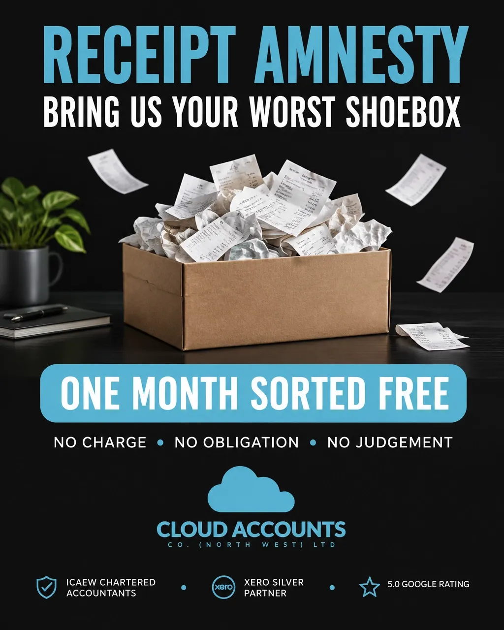 Receipt Amnesty campaign visual showing a box of receipts ready to be sorted