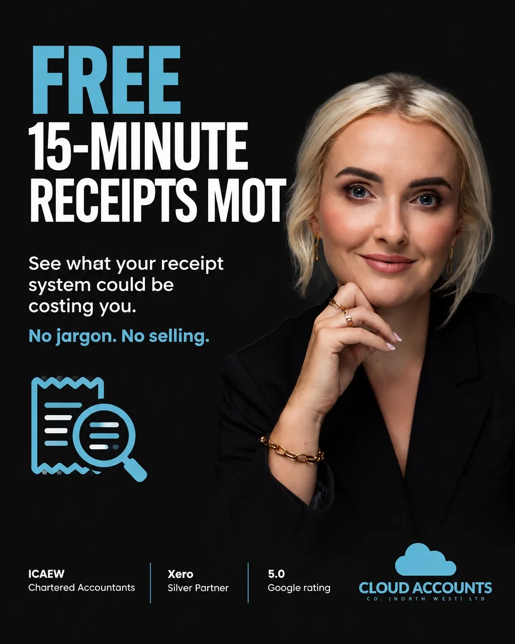 Free 15-minute Receipts MOT campaign visual with an accountant and receipt checklist