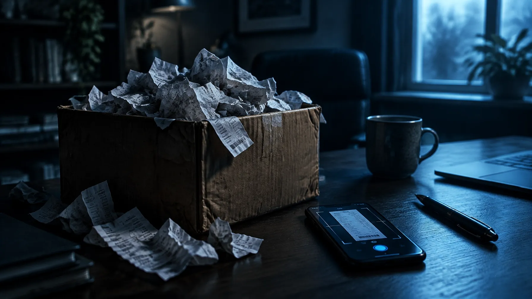 A dark desk with a box full of crumpled receipts, a phone and a mug